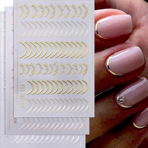 3D Rose Gold French Tip Nail Art Stickers with Simple Curved Lines - Pack of 3
