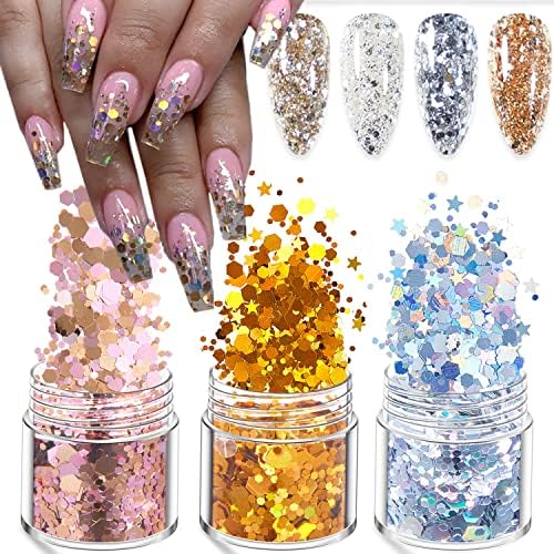 3 Pot Holographic Nail Art Sequins Acrylic Nail Art Supplies Mermaid Nail Glitter Flakes 3D Laser Stars Nail Sequins Gold/Silver/Pink Hexagon Design Nail Charms for Women Face Eyes Nail Decorations