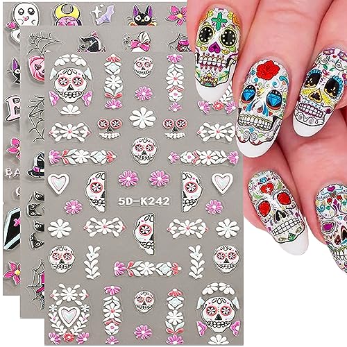 Halloween Nail Art Stickers 5D 3 Sheets Skull Spider Web Ghost Pumpkin Designs for Women