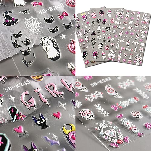 Halloween Nail Art Stickers 5D 3 Sheets Skull Spider Web Ghost Pumpkin Designs for Women - Image 7