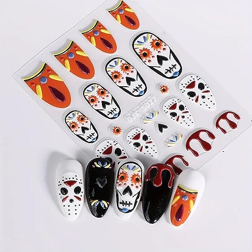3 Sheets,5D Embossed Halloween Nail Art Stickers, Adhesive Slider Zombie Ghost Blood Spider Bat Nail Designs Halloween Nail Accessories Decorations for Women Girls (5D Zombie 3Pcs) - Image 5