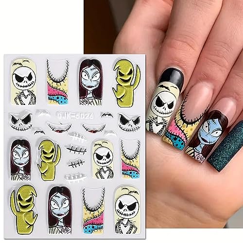 3 Sheets,5D Embossed Halloween Nail Art Stickers, Adhesive Slider Zombie Ghost Blood Spider Bat Nail Designs Halloween Nail Accessories Decorations for Women Girls (5D Zombie 3Pcs) - Image 2