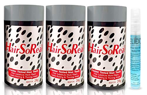 3 x HSR, Hair So Real, Hair Loss Concealer Fiber (Dark Brown) with Free Elidor Pocket Fiberhold Spray