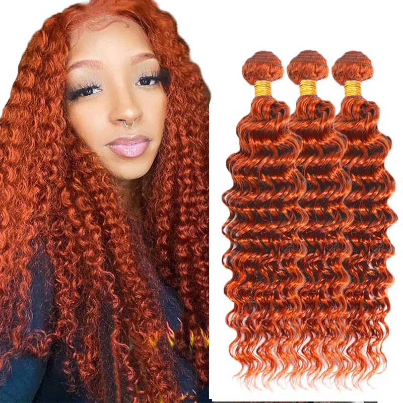 30 30 30 inch Ginger Bundles Color 350 Human Hair Bundles Orange Deep Wave Human Hair Bundles Burnt Orange Human Hair Weave Brazilian Virgin Hair 3 Bundles