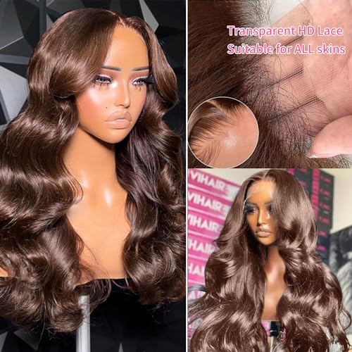 30 Inch 13x6 Chocolate Brown Body Wave Lace Front Wigs Human Hair 180 Density HD Transparent Lace Frontal Human Hair Glueless Wigs Human Hair Pre Plucked with Baby Hair Brown Colored Wigs For Women - Image 6
