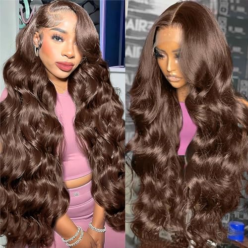 30 Inch 13x6 Chocolate Brown Body Wave Lace Front Wigs Human Hair 180 Density HD Transparent Lace Frontal Human Hair Glueless Wigs Human Hair Pre Plucked with Baby Hair Brown Colored Wigs For Women