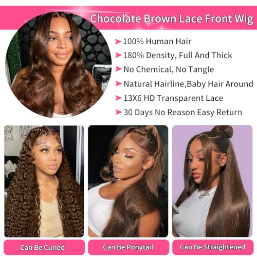 30 Inch 13x6 Chocolate Brown Body Wave Lace Front Wigs Human Hair 180 Density HD Transparent Lace Frontal Human Hair Glueless Wigs Human Hair Pre Plucked with Baby Hair Brown Colored Wigs For Women - Image 5