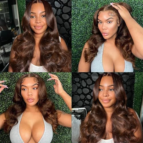 30 Inch 13x6 Chocolate Brown Body Wave Lace Front Wigs Human Hair 180 Density HD Transparent Lace Frontal Human Hair Glueless Wigs Human Hair Pre Plucked with Baby Hair Brown Colored Wigs For Women - Image 4