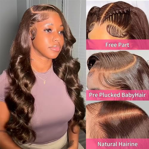 30 Inch 13x6 Chocolate Brown Body Wave Lace Front Wigs Human Hair 180 Density HD Transparent Lace Frontal Human Hair Glueless Wigs Human Hair Pre Plucked with Baby Hair Brown Colored Wigs For Women - Image 2