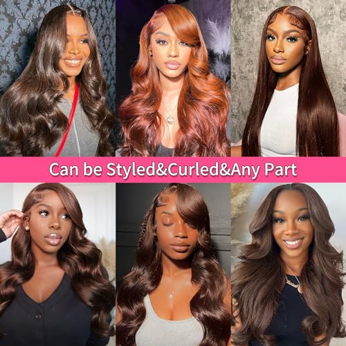 30 Inch 13x6 Chocolate Brown Body Wave Lace Front Wigs Human Hair 180 Density HD Transparent Lace Frontal Human Hair Glueless Wigs Human Hair Pre Plucked with Baby Hair Brown Colored Wigs For Women - Image 7