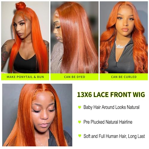 30 inch 13x6 Ginger Lace Front Wigs Human Hair Straight Ginger Orange Lace Front Wigs Human Hair Orange Frontal Wigs Human Hair for Black Women Pre Plucked with Baby Hair 180% Density - Image 3
