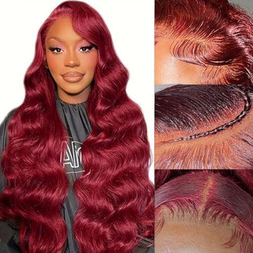 30 Inch 99j Burgundy Lace Front Wigs Human Hair Glueless Wine Red Colored 13x4 Body Wave Lace Front Wigs Human Hair Pre Plucked with Baby Hair 190 Density HD Transparent Frontal Wigs for Women