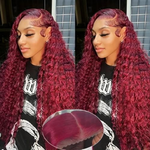30 Inch Burgundy Lace Front Wigs Human Hair 13x4 Glueless Wigs Human Hair Pre Plucked Pre Cut 99j Burgundy Deep Wave Lace Front Wigs Human Hair for Women 180 Density (Glueless Wig)