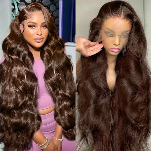 30 Inch Chocolate brown Lace Front Wig Human Hair 13x6 HD Transparent Body Wave Lace Front Wigs Human Hair Pre Plucked Glueless Frontal Brown Wig Human Hair 180% Density Colored #4 Human Hair Wigs