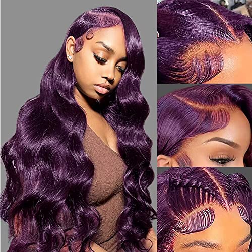 30 Inch Dark Burgundy 13x4 Body Wave Lace Front Wigs Human Hair 150% Density Grape Purple Body Wave Wigs for Women HD Transparent Lace Front Wigs Glueless Human Hair Pre Plucked with Baby Hair