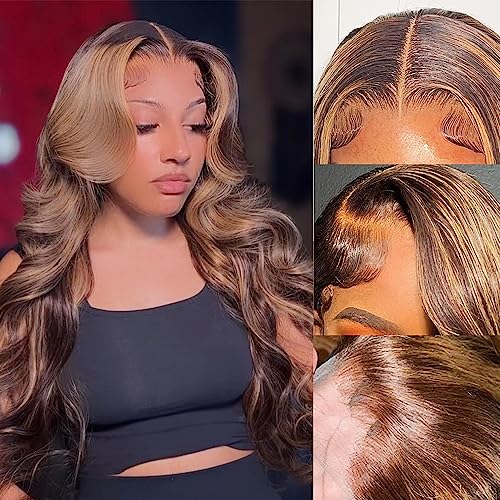 30 Inch Honey Blonde Ombre Lace Front Wig Human Hair 13x4 Highlight Lace Front Wig Human Hair Pre Plucked With Baby Hair 4/27 Colored Human Hair HD Transparent Body Wave Lace Front Wigs 180% Density