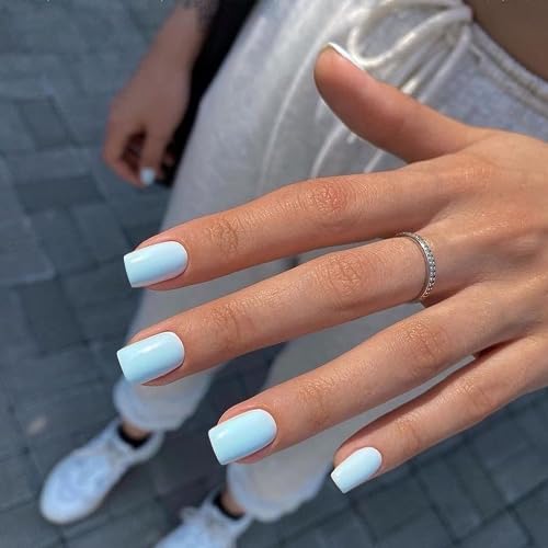 30 PCS Press on Nails Medium Short Square Nails,Reusable Light Blue Nails Glue on Nails Press ons,15 Sizes-30 Fake Nails Set Soft Gel Nails,False Nails for Women Girls - Image 2
