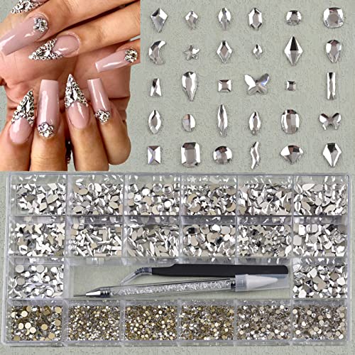 30 Shapes 4390pcs Nail Rhinestones Kit Multi Big and Small Crystal White Clear 3D Flat Back Glass Nail Gems Mix Round Beads Diamond Nail Art Charms with Tweezers and Picker for Crafts Decorations