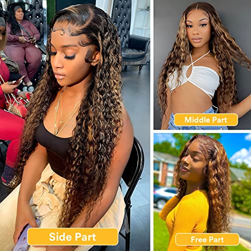 30inch Highlight 13x6 Transparent HD Lace Front Wig Wet and Wavy Human Hair Ombre Honey Blonde Loose Deep Wave Curly Lace Frontal Wigs for Women Pre Plucked with Baby Hair 180% Density - Image 5
