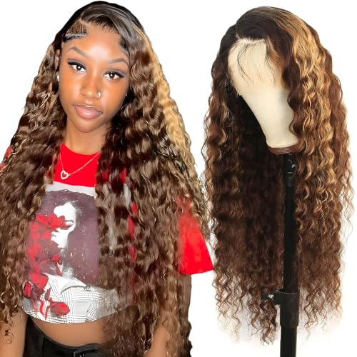 30inch Highlight 13x6 Transparent HD Lace Front Wig Wet and Wavy Human Hair Ombre Honey Blonde Loose Deep Wave Curly Lace Frontal Wigs for Women Pre Plucked with Baby Hair 180% Density