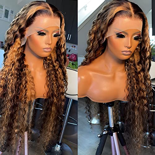 30inch Highlight 13x6 Transparent HD Lace Front Wig Wet and Wavy Human Hair Ombre Honey Blonde Loose Deep Wave Curly Lace Frontal Wigs for Women Pre Plucked with Baby Hair 180% Density - Image 2