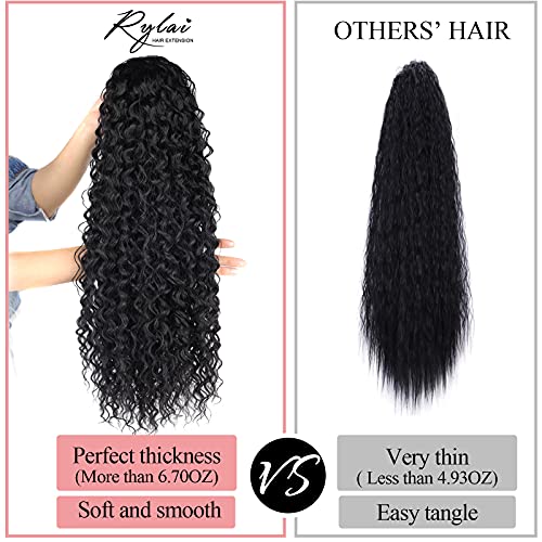30inch Long Corn Curly Wave Drawstring Ponytail Synthetic High Puff Hair Pieces With Comb Black Wavy Clip in Extensions (1B) - Image 3