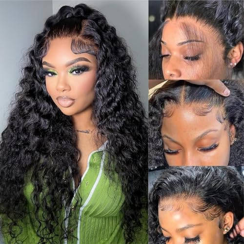 30Inch Water Wave Lace Front Wigs Human Hair Pre Plucked 13x6 Transparent Lace Brazilian Virgin 180% Density Human Hair Wigs for Woman Wet and Wavy Curly Guleless Wigs Human Hair with Baby Hair