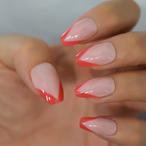 Short Coffin Red Color French V Shape Press On Nails Uv Gel Fingernails Salons At Home Glossy Nails Red Top Artificial Manicure With 24 Pcs Adhesive Sticker Tabs Woody Stick Mini File Daily Wear - Image 2