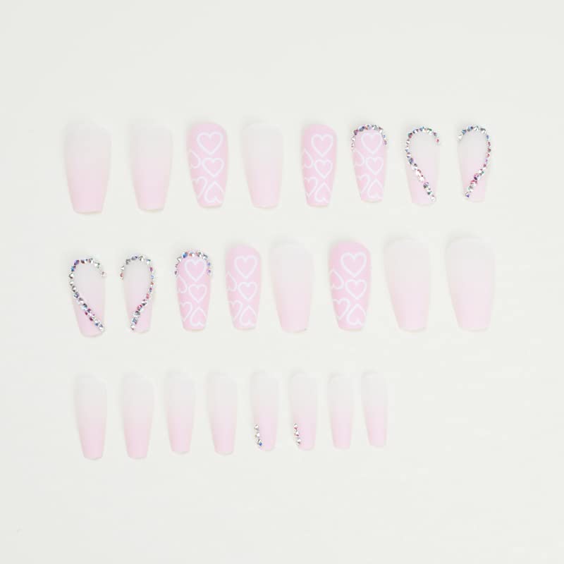 Light Pink Press on Nails with 3D Rhinestone, Medium Coffin Pink Gradient False Nails Art,Adorable Heart Pattern White Acrylic Matte Stick on Nail LANOVA FN-LT144 - Image 3