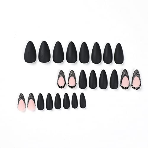 IMSOHOT Medium Press on Nails Almond Matte Black Fake Nails French Tips Acrylic False Nails with Rhinestone Designs Full Cover Glue on Nails for Women 24Pcs - Image 2