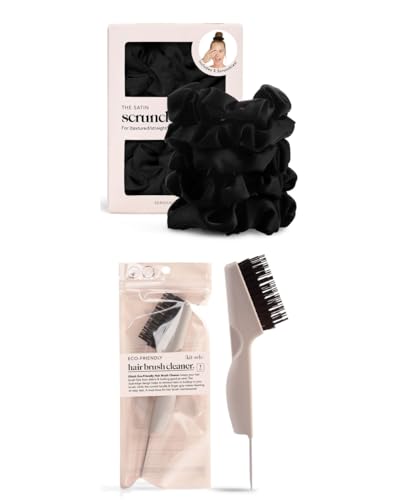 Kitsch Satin Scrunchies for Women and 2-in-1 Double Sided Hair Brush Cleaner Tool Set