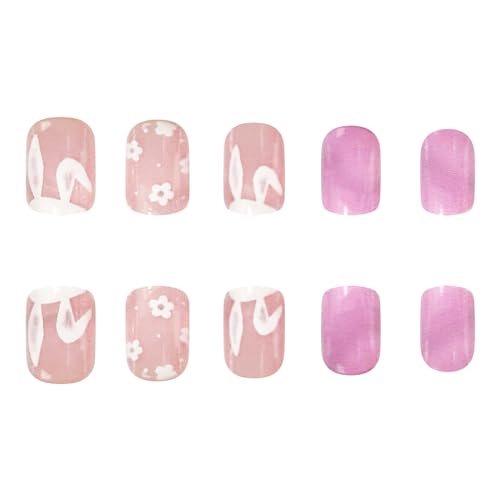 Easter Nails Press on Nails Short Square Fake Nails with Designs Pink Cute Bunny Flower Full Cover Acrylic Artificial Spring False Nails Summer Glue on Nails for Women and Girls 24Pcs - Image 3