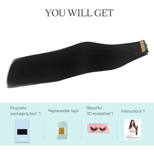 DOORES Tape in Hair Extensions Human Hair, 18 Inch 50g 20pcs Jet Black, Human Hair Extensions Tape in Remy Straight Hair Extensions Skin Weft Double Side Tape - Image 8