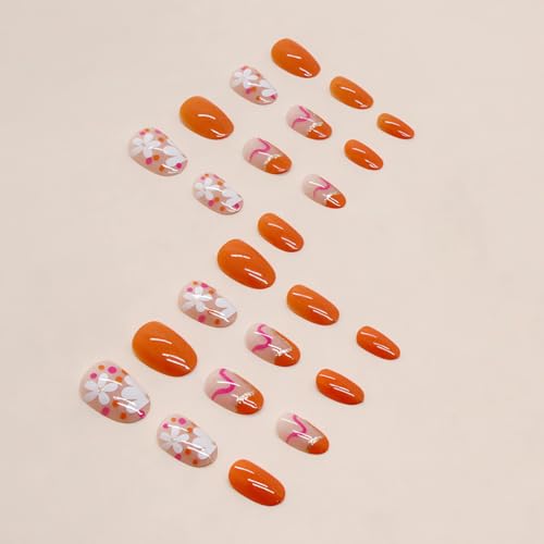 Flower Press on Nails Short Fake Nails, 24Pcs Oval Nails Cute Design Glue on Nails Glossy Orange False Nails Spring Summer Nail Art Decorations Short Almond Acrylic Nails for Women Girls - Image 3