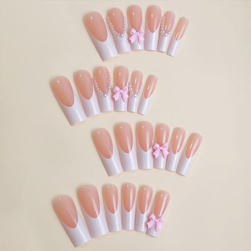 24Pcs Long Square White French Tip Press On Nails with Bow Pearl Design, Reusable Acrylic Full Cover False Nails - Image 2