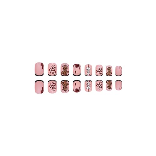 Halloween Short Square Press on Nails SWEKKE French Tip Fake Nails Blood Full Cover Toy Bear Heart False Nails with Designs Glossy Glue on Nails Artificial Acrylic Nails for Women Girls 24 Pcs - Image 3