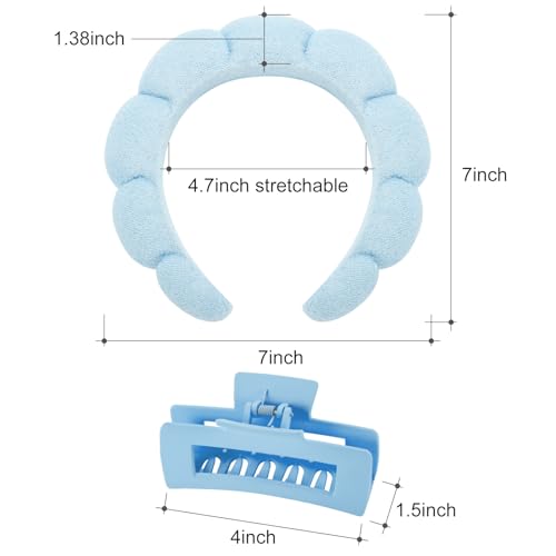 Skincare Headbands for Women, Makeup Spa Headband Bubble Face Wash Headbands for Washing Face or Facial with Hair Clips, Thick Hair Cute Puffy Sponge Head Hair Band for Women Girls Headwear (Blue) - Image 6