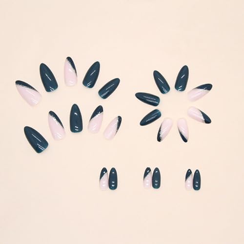 24pcs Medium Almond Shape Dark Green Press on Nails with Gold Glitter Line for Women - Image 3