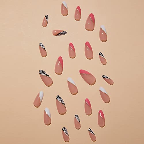 Pink Acrylic Press on Nails Almond Fake Nails Colorful with Swirl and Gold Foil Designs False Nails Cute Artificial Glue on Nails French Tip Stick on Nails for Summer Women and Girls 24pcs - Image 2