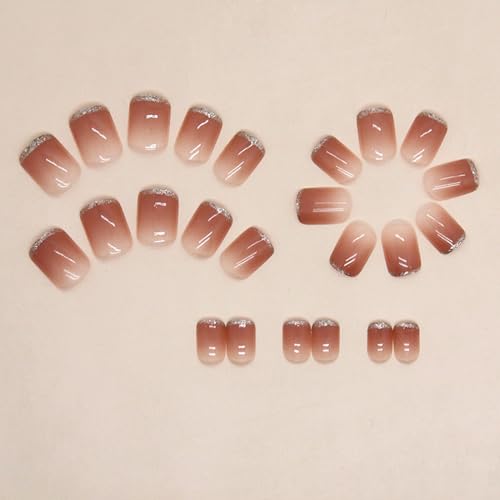 96Pcs Gradient Press on Nails Short Square Fake Nails Pink Ombre with Silver Glitter Design Coffin False Nails Solid Color Full Cover Glue on Nails for Women Girls Nail Decoration(4 Pack) - Image 8