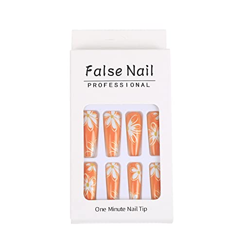 Long Press on Nails Coffin Fake Nails with Nail Glue Full Cover Orange False Nails with Flower Designs Acrylic Artificial Nails Stick on Nails for Women Nail Decorations 24Pcs - Image 5