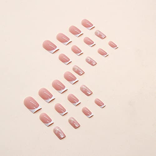 Press On Nails Long,Nude White Border Fake Nails ,Acrylic French Nail Art Marble Full Cover Stick On Nails for Women and Girl Nail Kit(24 PCS) - Image 3