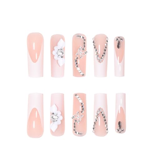 French Tip Nails Square Press on Nails Long Fake Nails with 3D Flowers White Nails Glossy Stick on Nails Full Cover Flower Butterfly Nail Charms Artificial Long Acrylic Nails for Women 24 PCS - Image 3