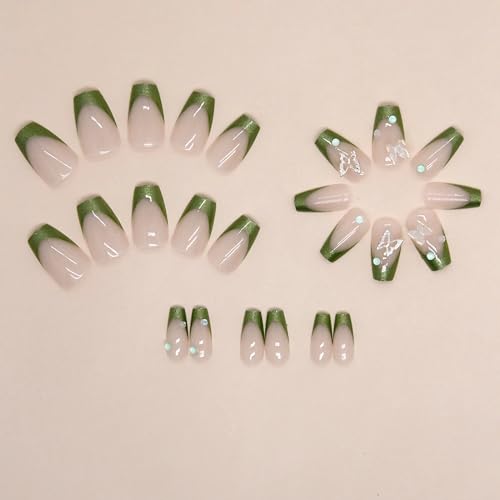 BABALAL Coffin Press on Nails Medium Fake Nails Green Chrome French Tip Glue on Nails St Patrick's Day Acrylic Nails 24Pcs 3D Butterfly Rhinestone Ballerina Artificial False Nails for Women and Girls - Image 3