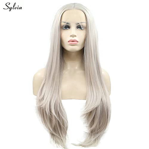 xiweiya Silver Gray Wigs Long Natural Straight Hair 13 * 3 Lace Ash Platinum Blonde Wigs For Women Grey Wig Heat Resistant Fiber Hair Middle Parting Wigs for Women 24inch - Image 5