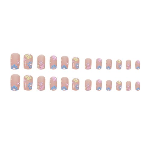 Square Press on Nails Medium Fake Nails with Colorful Flower Designs Stick on Nails Full Cover Cute Matte Pink Acrylic Nails False Nails Reusable Glue on Nails for Women Girls Spring Summer 24pcs - Image 3