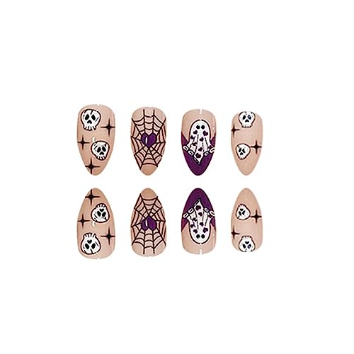 Purple Fake Nails Halloween Press on Nails Short Almond False Nails with Ghost Skull Spider Wed Heart Designs Cute Acrylic Fake Nails French Artificial Nails Full Cover Stick on Nails for Women 24Pcs - Image 2
