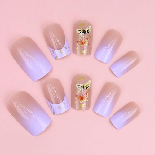 Medium Square French Tip Press on Nails - Purple Gradient with Gold Foil - 24 Piece Set - Image 4