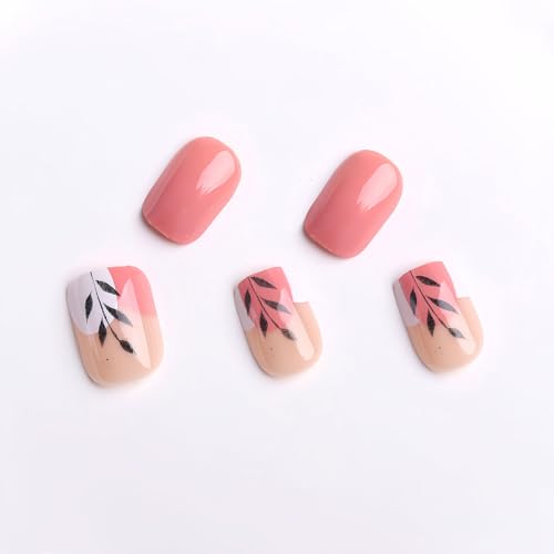 Flower Press on Nails Short Square Spring Summer Fake Nails, Black Leaf Pink White Acrylic Nails Kits, Glossy Gel False Nails Stick Glue on Nails Tip Manicure 24Pcs - Image 2