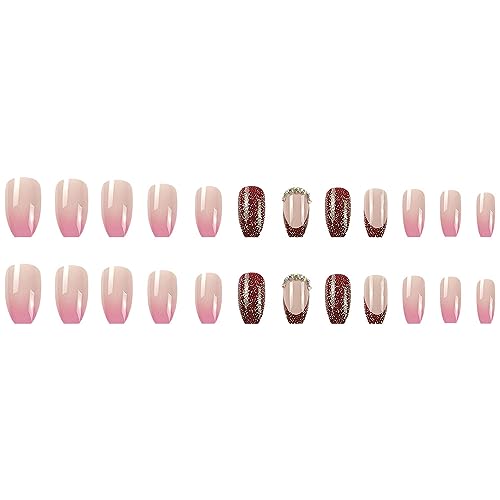 Diduikalor French Red Tip Press On Nails Medium Coffin Fake Nails Gold Fine Sparkle With Diamonds False Nails Acrylic Glue On Nails Reusable Stick On Nails For Women 24pcs - Image 2